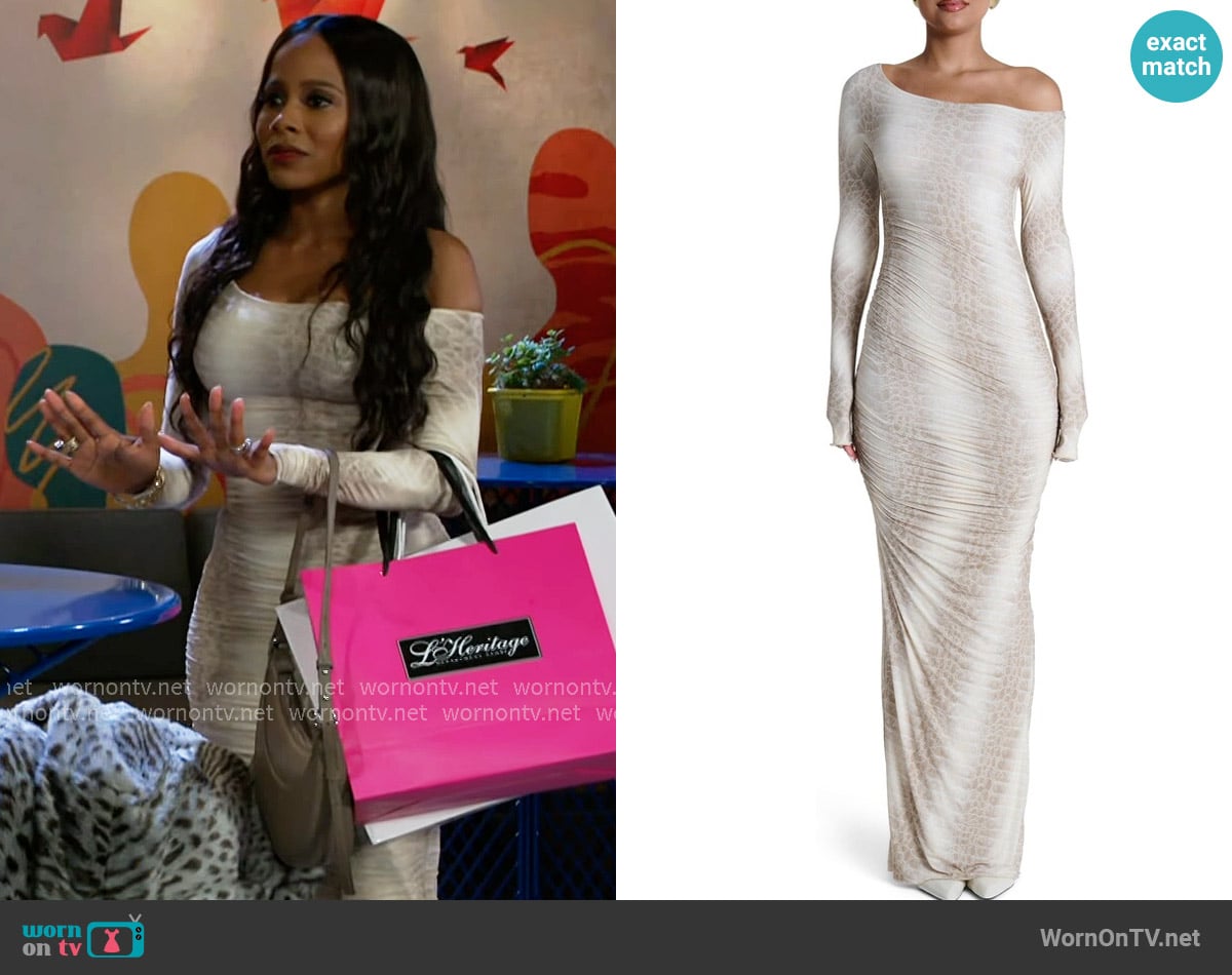 Naked Wardrobe Ruched Off the Shoulder Long Sleeve Maxi Dress worn by Hayley Lawson (Marquita Goings) on Beyond the Gates