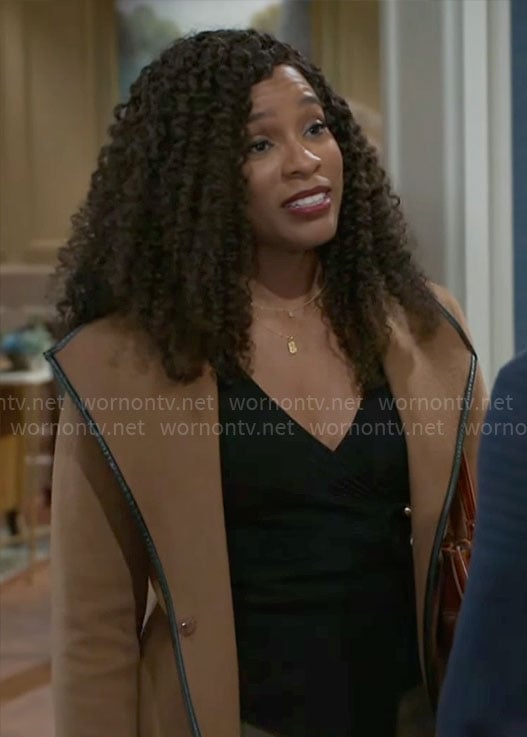 Naomi's camel coat with leather trim on Beyond the Gates