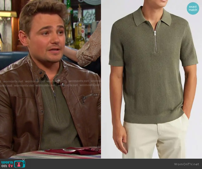 NN07 Hansie Zip Ribbed Organic Cotton Sweater Polo in Capers worn by Johnny DiMera (Carson Boatman) on Days of our Lives