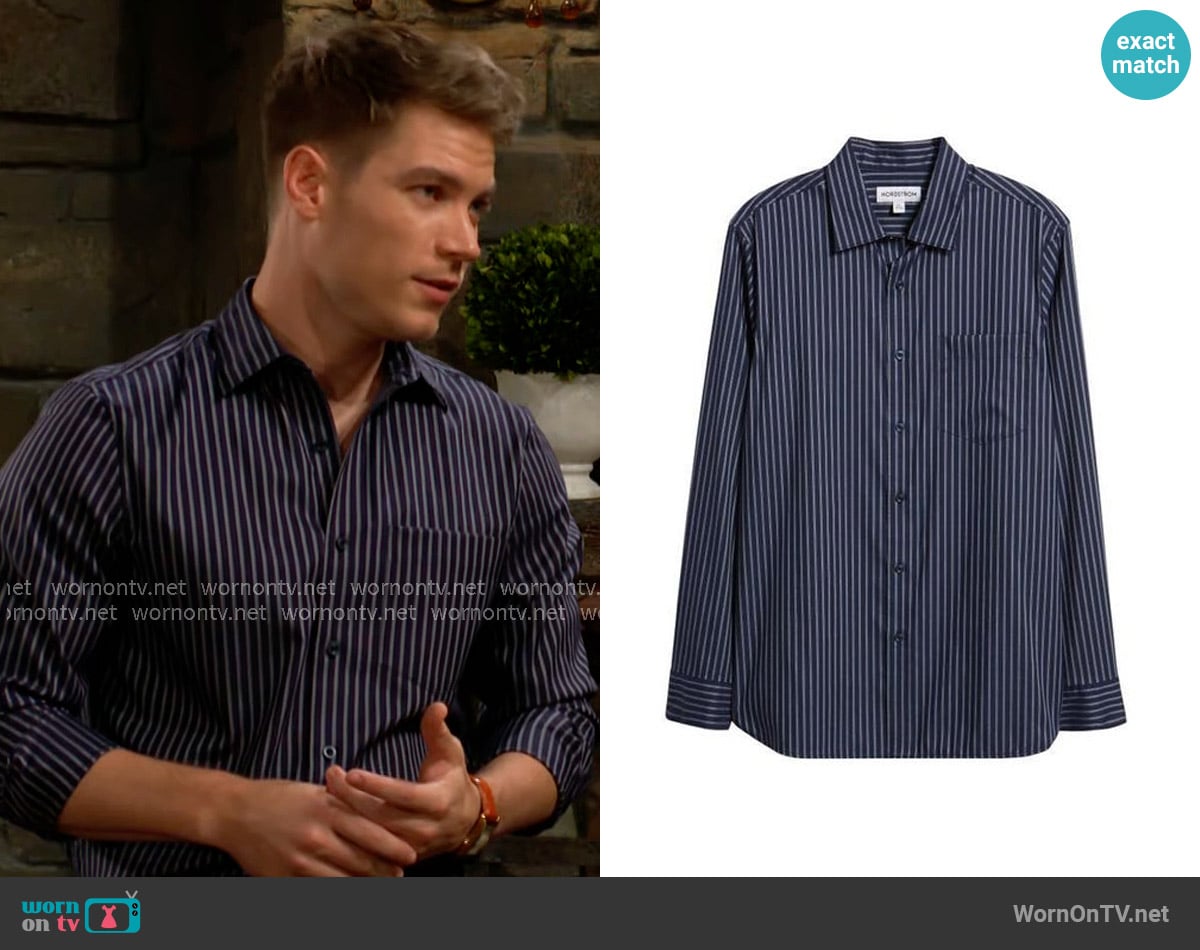 Nordstrom Lucian Stripe Stretch Button-up Shirt in Blue worn by Noah Newman (Lucas Adams) on The Young and the Restless