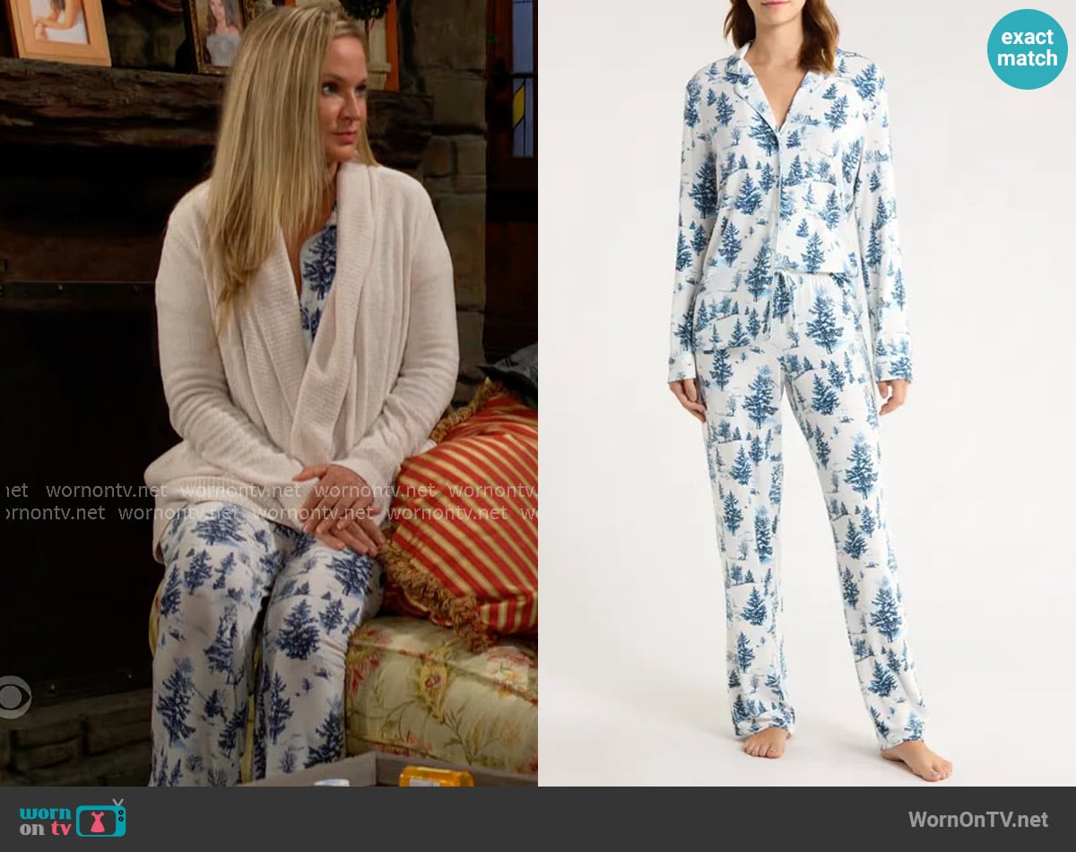 Nordstrom Moonlight Eco Knit Pajamas in Ivory- Blue Spruce Toile worn by Sharon Newman (Sharon Case) on The Young and the Restless