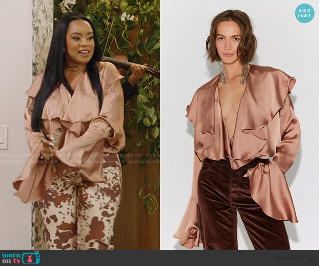 Norma Kamali Long Sleeve Deep V Ruffle Bodysuit worn by Angel Massie on The Real Housewives of Potomac