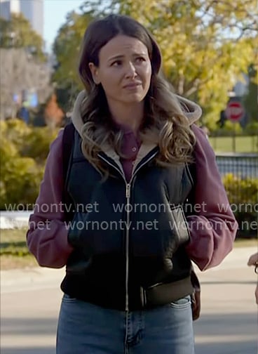 Novak’s leather and shearling hooded vest on Chicago Fire
