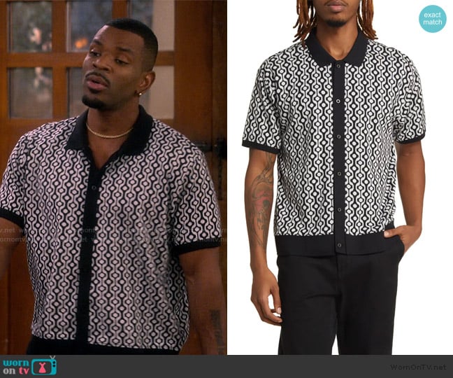 Obey Testament Geo Pattern Short Sleeve Knit Button-Up Shirt worn by Bernard Upshaw Jr (Jermelle Simon-Jones) on The Upshaws