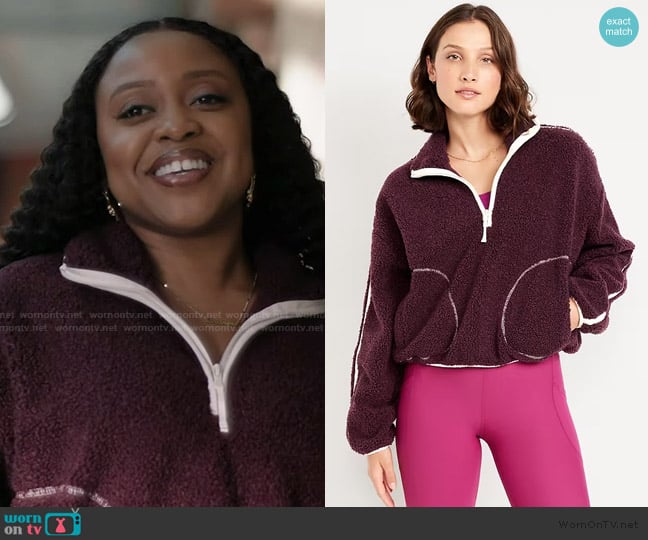 Janine’s burgundy sherpa jacket on Abbott Elementary