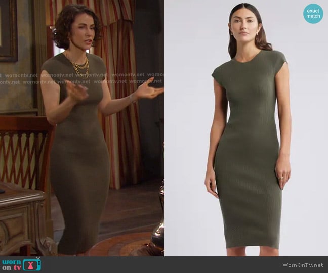 Open Edit Luxe Rib Cap Sleeve Dress in olive sarma worn by Sarah Horton (Linsey Godfrey) on Days of our Lives