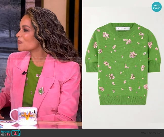 Oscar de la Renta Floral crystal and sequin-embellished wool sweater worn by Sunny Hostin on The View