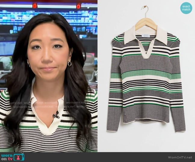 & Other Stories Fitted Ribbed Polo Top in Striped White worn by Kathy Park on Today