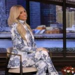 Paris Hilton's blue paisley print blazer and pants on Live with Kelly and Mark