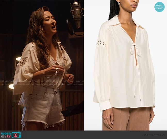 Pinko Ring-findings detailed poplin tunic worn by Mindy Chen (Ashley Park) on Emily in Paris
