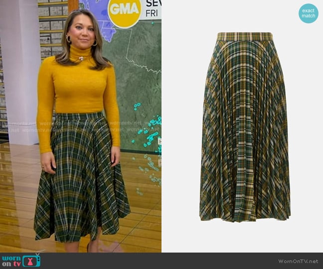 Plan C Pleated Plaid Midi Skirt worn by Ginger Zee on Good Morning America