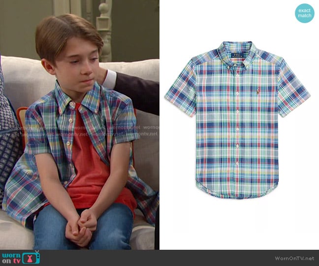 Polo Ralph Lauren Boys' Plaid Cotton Oxford Short Sleeve Shirt - Little Kid, Big Kid worn by Thomas DiMera  (Cary Christopher) on Days of our Lives