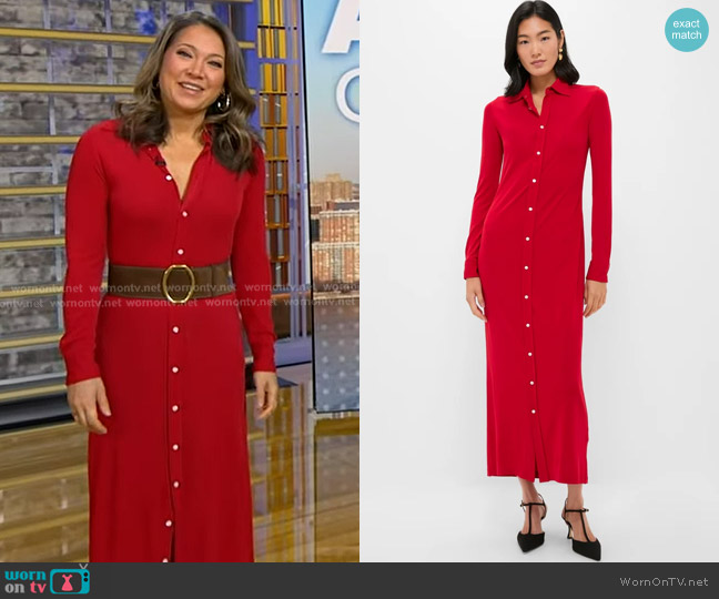 Polo Ralph Lauren Matte Jersey Knit Collared Dress in Park Avenue Red worn by Ginger Zee on Good Morning America
