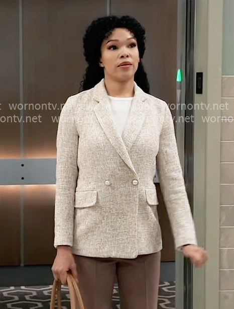 Portia's beige tweed blazer with pearl buttons on General Hospital