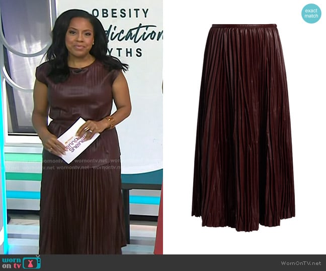 Proenza Schouler White Label Rosalyn Pleated Faux Leather Midi-Skirt in Oxblood worn by Sheinelle Jones on Today