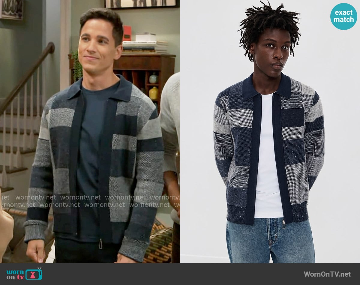 PS Paul Smith Zip Patchwork Cardigan worn by Bradley 'Smitty' Smith (Mike Manning) on Beyond the Gates