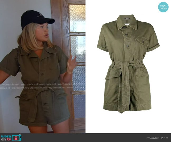 R13 Surplus Romper in Olive worn by Amanda Frances on The Real Housewives of Beverly Hills