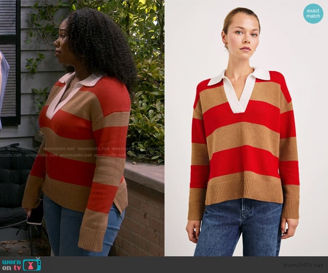 Rails Cherry Camel Stripe Harris Collared Sweater worn by Savannah (Daria Johns) on The Upshaws