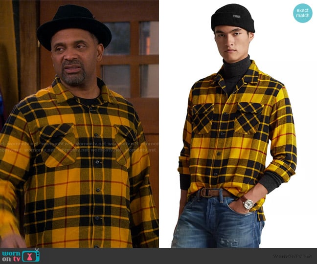 Ralph Lauren Classic-Fit Plaid Twill Camp Shirt worn by Bernard Upshaw (Mike Epps) on The Upshaws