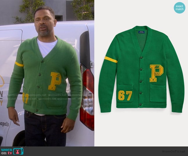 Ralph Lauren Cotton Letterman Cardigan worn by Bernard Upshaw (Mike Epps) on The Upshaws