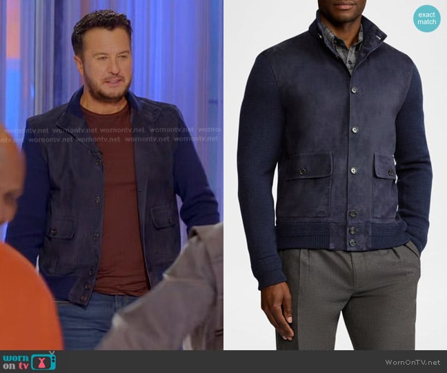 Ralph Lauren Purple Label Suede-Front Cashmere Cardigan in Navy worn by Luke Bryan on American Idol