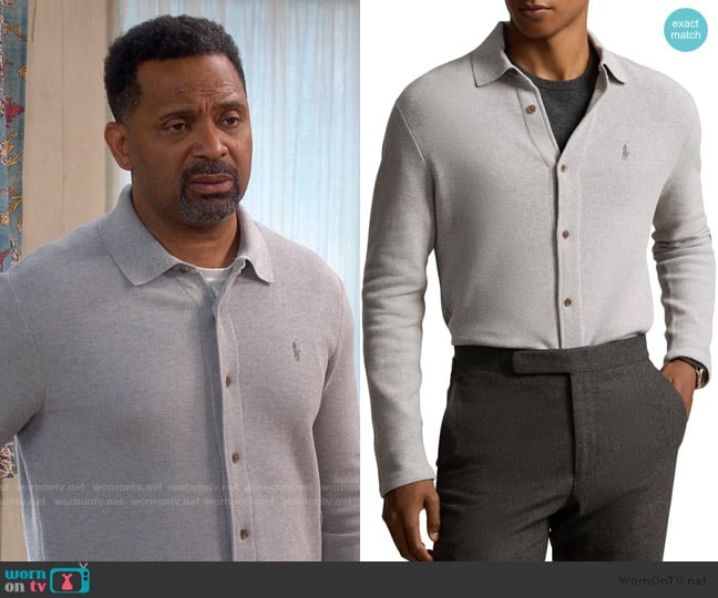Ralph Lauren Regular Fit Cotton Piqué Button-Up Shirt worn by Bernard Upshaw (Mike Epps) on The Upshaws