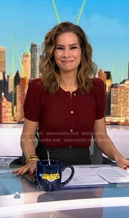 Rebecca’s red puff sleeve cardigan on Good Morning America
