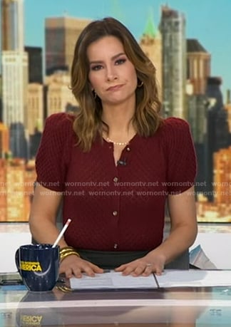 Rebecca's red puff sleeve cardigan on Good Morning America