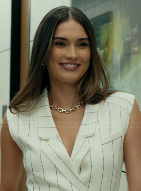 Rebecca's white stripe sleeveless dress on Landman