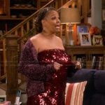 Regina's burgundy sequin strapless dress on The Upshaws