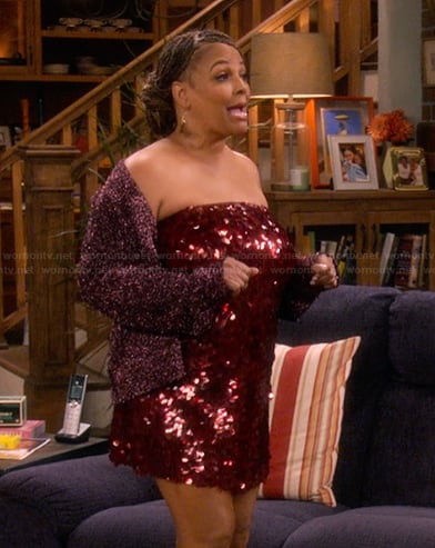 Regina’s burgundy sequin strapless dress on The Upshaws
