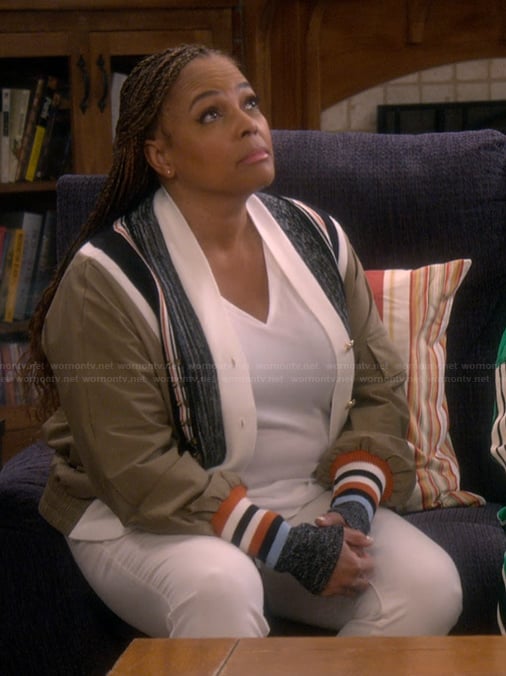 Regina’s khaki striped cardigan on The Upshaws