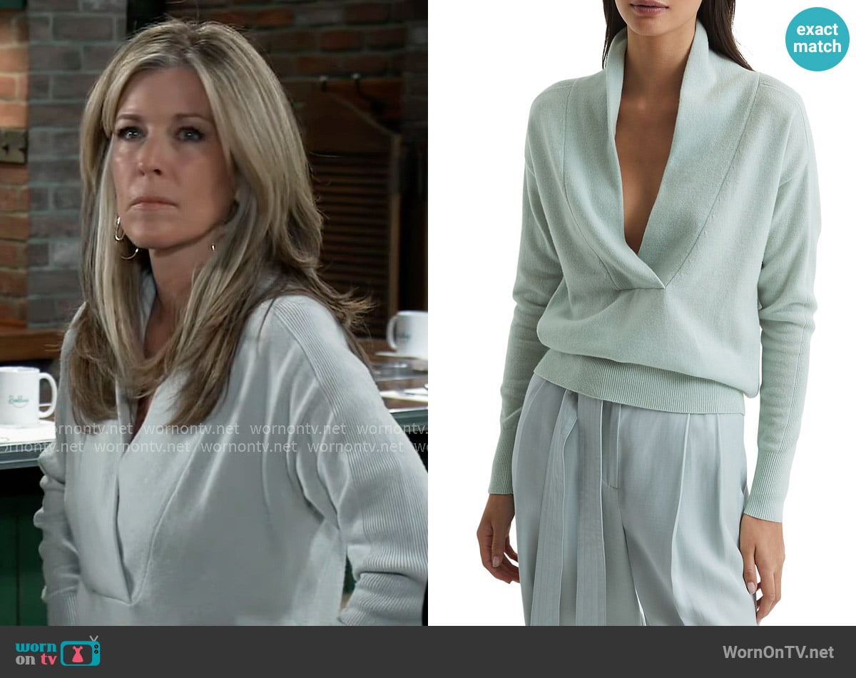 Reiss Amelia Cashmere Shawl Collar Sweater in Mint worn by Carly Spencer (Laura Wright) on General Hospital
