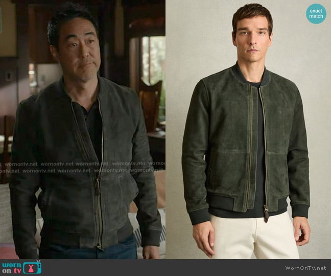 Reiss Brick Suede Zip-Through Bomber Jacket in Antique Dark Forest Green worn by Howard Han (Kenneth Choi) on 9-1-1