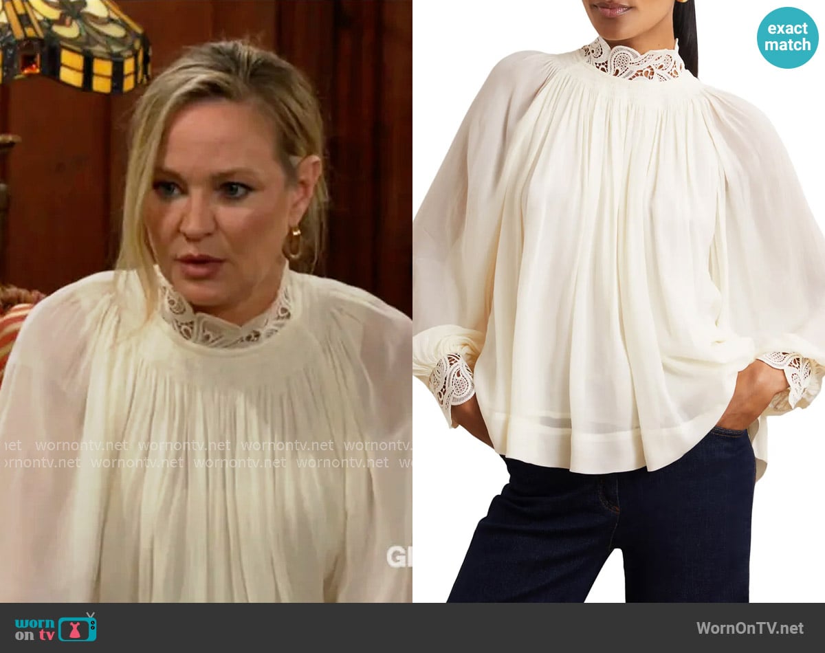 Reiss Czara Lace Accent Smocked Yoke Top in Cream worn by Sharon Newman (Sharon Case) on The Young and the Restless
