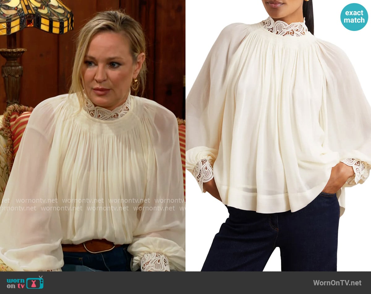 Sharon’s white lace-neck blouse on The Young and the Restless