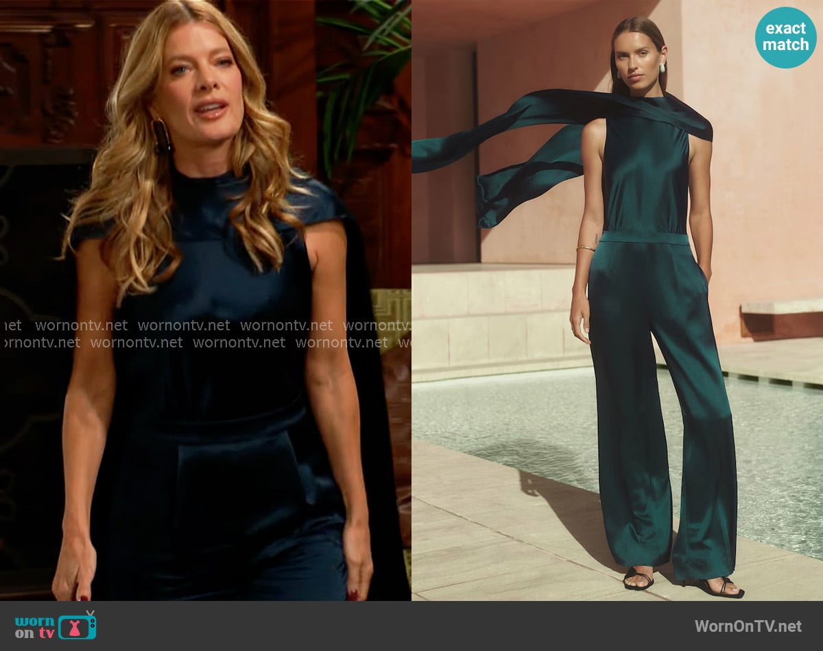 Phyllis’s teal green satin cape jumpsuit on The Young and the Restless Phyllis’s teal green satin cape jumpsuit on The Young and the Restless