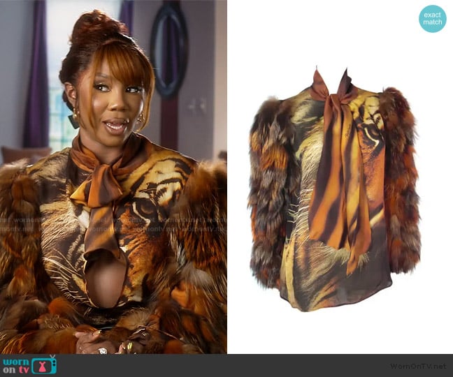 Roberto Cavalli Tiger Print Silk Blouse with Fur Sleeves worn by Jassi Harris on The Real Housewives of Potomac