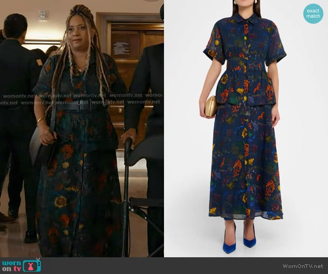 Rosie Assoulin Boogie Woogie Bugle Boy Floral-Print Maxi Shirtdress worn by Karen Wilson (Tracie Thoms) on 9-1-1
