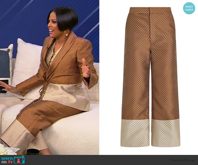 Tamron’s brown polka dot print pants on Tamron Hall Show