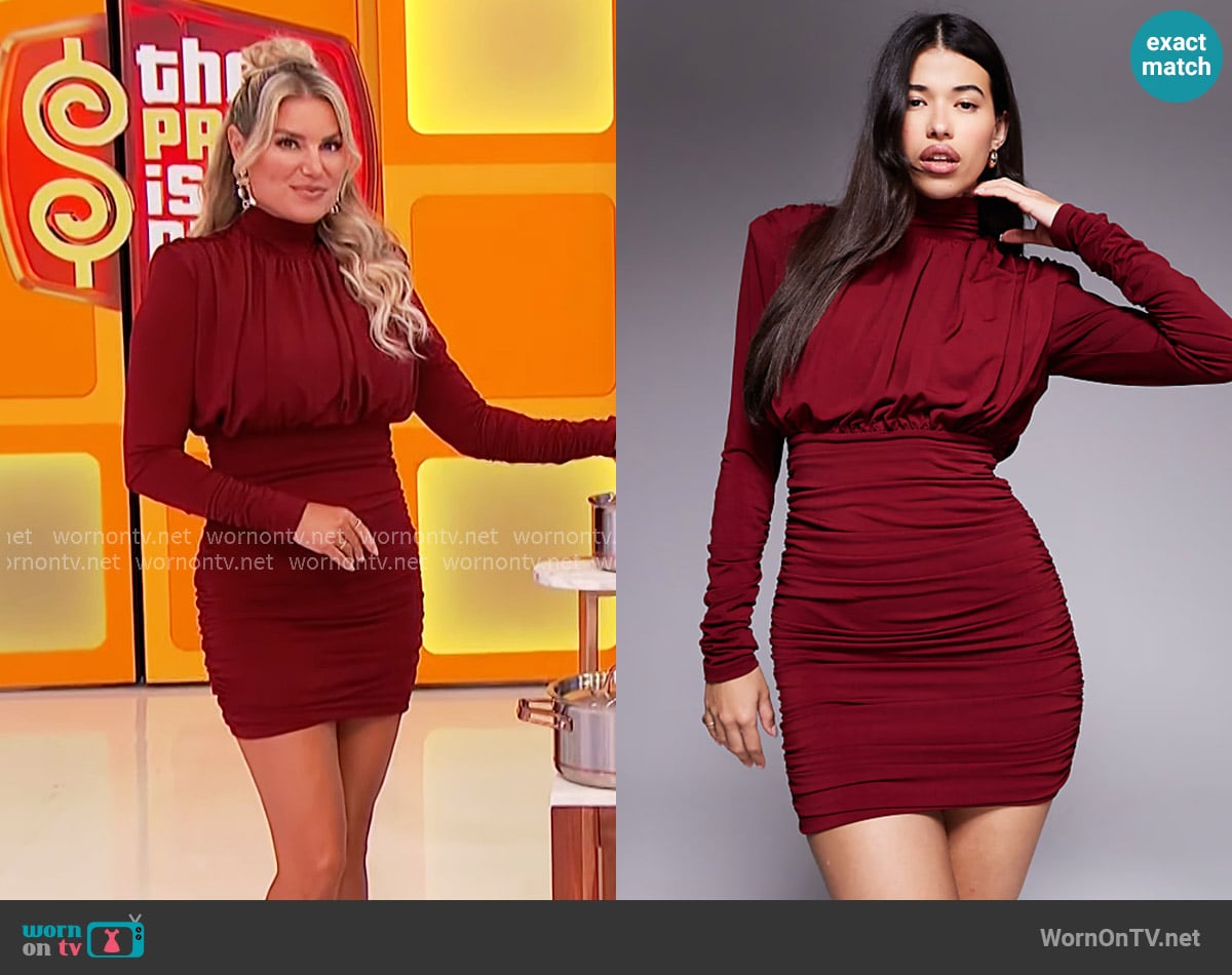 Ruched & Ready Hourglass high neck padded shoulder sculpted drape detail mini dress in dark red worn by Rachel Reynolds on The Price is Right