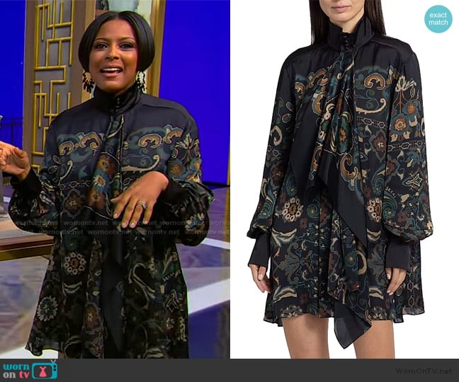 Tamron’s paisley print tie neck dress on Tamron Hall Show