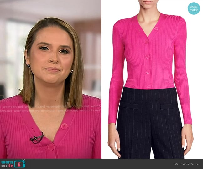 Sandro Gabrielle Rib Knit Cardigan worn by Elizabeth Schulze on Good Morning America