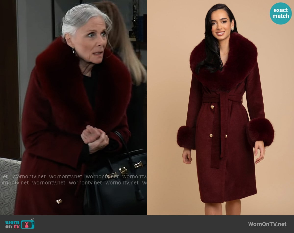 Santinni Marlene Cashmere & Wool Coat With Detachable Faux Fur In Rosso worn by Tracy Quartermaine (Jane Elliot) on General Hospital
