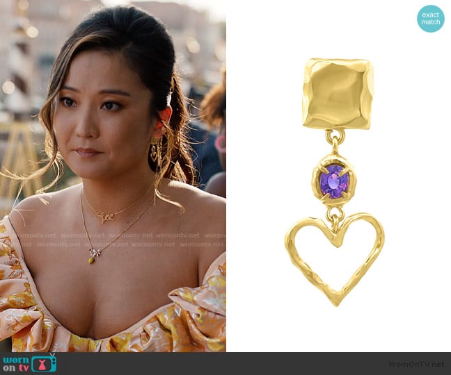 Sara Jin Mi Long heart earring worn by Mindy Chen (Ashley Park) on Emily in Paris
