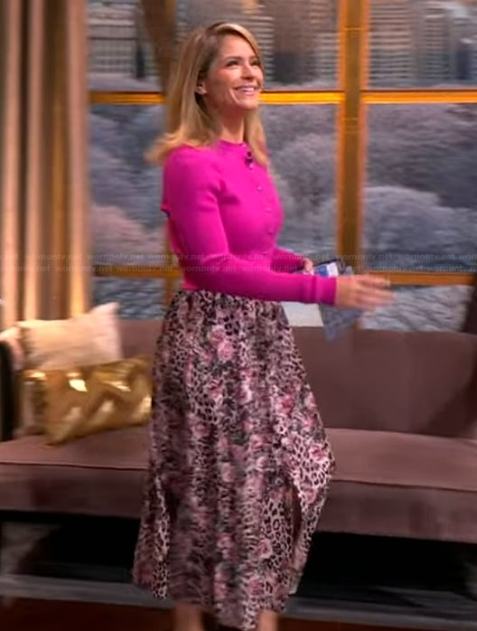 Sara’s pink cardigan and floral print skirt on The View