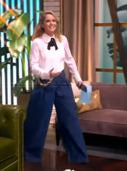 Sara's white contrast bow blouse and denim jeans on The View