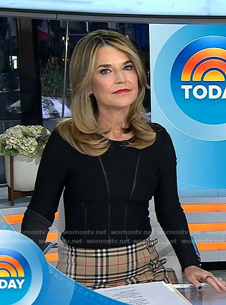 Savannah's black mesh inset top and beige plaid pleated skirt on Today