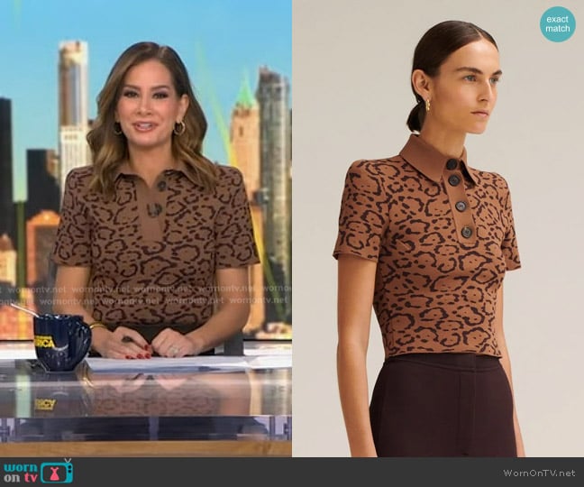 Rebecca’s brown leopard polo top on GMA Rebecca’s brown leopard polo top on GMA