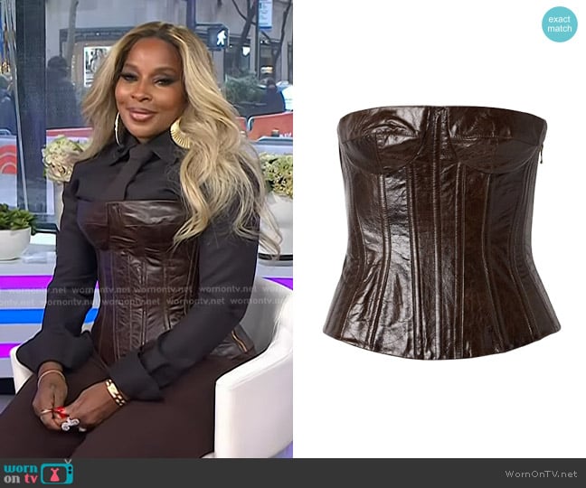 Sergio Hudson Strapless Leather Bustier Top in Brown